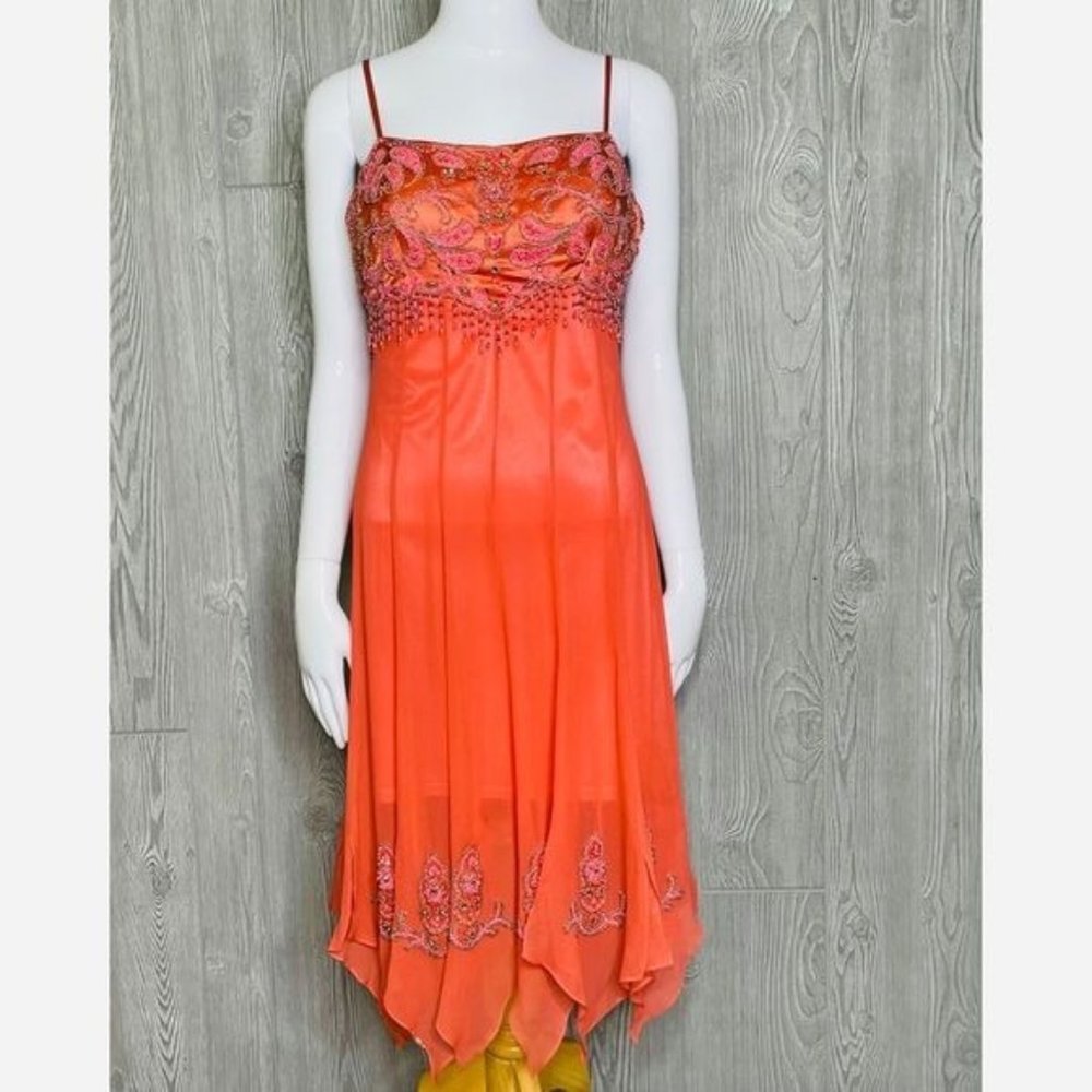 Sue Wong Coral-Orange Beaded Spaghetti Strap Asymmetrical Dress